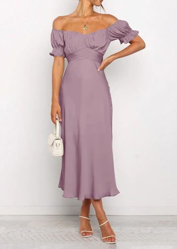 KIRUNDO Women's 2024 Summer Satin Midi Dress Off Shoulder Wrap Ruched Wedding Guest Party Cocktail Formal Prom Dresses(Pink, Large)