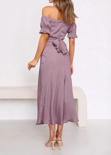 KIRUNDO Women's 2024 Summer Satin Midi Dress Off Shoulder Wrap Ruched Wedding Guest Party Cocktail Formal Prom Dresses(Pink, Large)