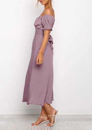 KIRUNDO Women's 2024 Summer Satin Midi Dress Off Shoulder Wrap Ruched Wedding Guest Party Cocktail Formal Prom Dresses(Pink, Large)