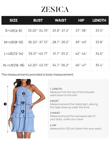ZESICA Women's 2024 Summer Sleeveless Mini Dress Boho One Shoulder Ruffle Tiered Layered Chiffon Flowy A Line Dresses,LightBlue,Large