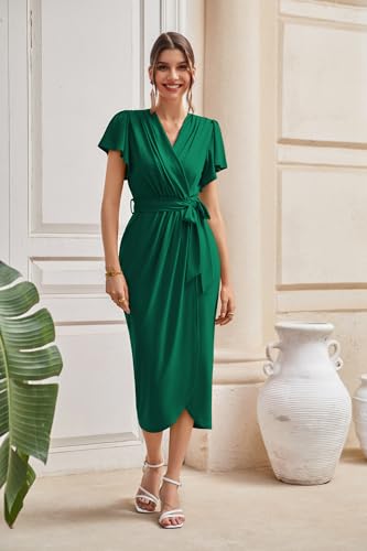 Women Dresses Ruffle Sleeve Midi Formal Summer Dress Elegant Wedding Guest Cocktail Party Bridesmaid Dresses Green M