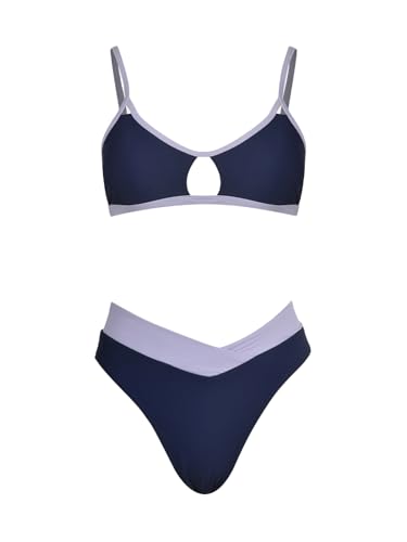 CUPSHE Bikini Set for Women Two Piece Swimsuits High Waisted Cut Out Scoop Neck V Front Bottom,M Purple/Blue