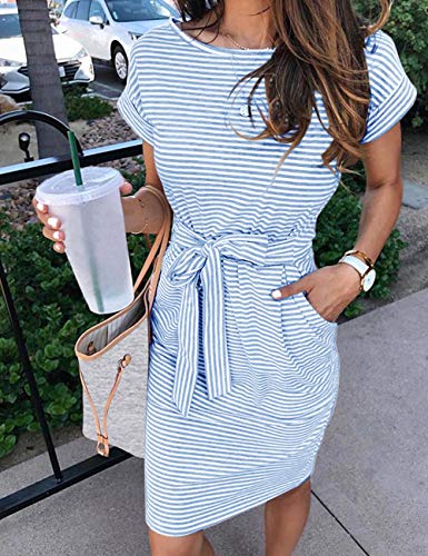 MEROKEETY Women's Summer Striped Short Sleeve T Shirt Dress Casual Tie Waist Midi Dress, Blue, L