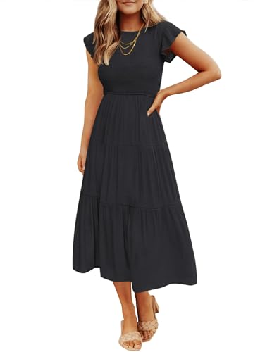 ZESICA Women's 2024 Summer Casual Flutter Short Sleeve Crew Neck Smocked Elastic Waist Tiered Midi Dress,AllBlack,Small