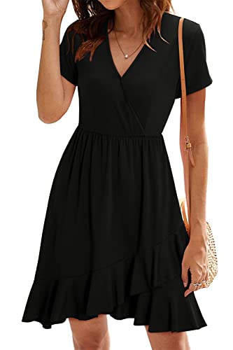 ULTRANICE Black Summer Dress Women Spring 2024 Casual Short Sleeve V Neck Flowy Wrap Dresses Vacation Outfits Clothes Easter Party Wedding Guest Graduation Semi Formal Midi Sundress(Black,L)