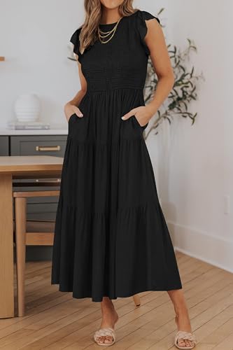 ZESICA Women's 2024 Summer Casual Flutter Short Sleeve Crew Neck Smocked Elastic Waist Tiered Midi Dress,AllBlack,Small
