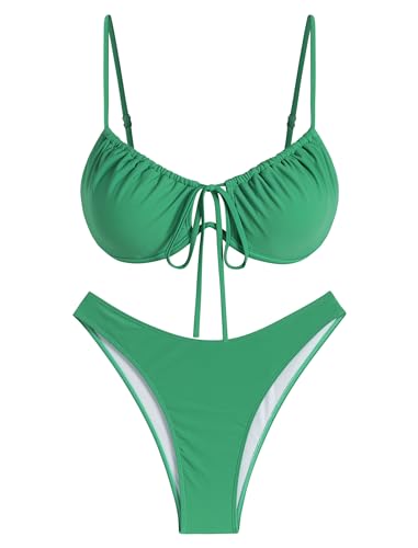 ZAFUL Women High Cut Bikini Sets Thong String Sexy Swimsuit Two Piece Push Up Underwire Bathing Suit Teen Girl Brazilian Cheeky Cut Out Lace Up Retro Cute Swimwear Green S