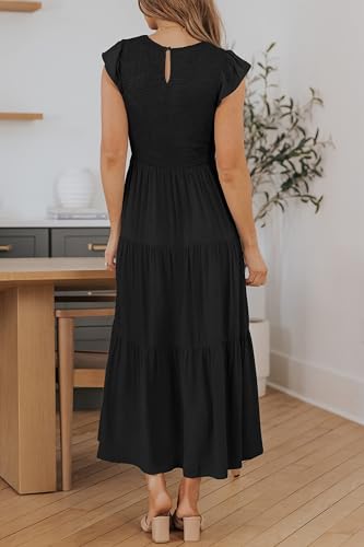 ZESICA Women's 2024 Summer Casual Flutter Short Sleeve Crew Neck Smocked Elastic Waist Tiered Midi Dress,AllBlack,Small