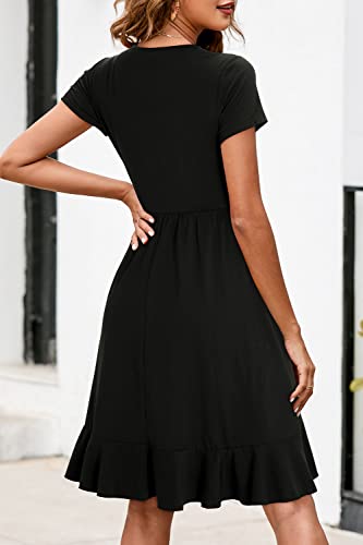 ULTRANICE Black Summer Dress Women Spring 2024 Casual Short Sleeve V Neck Flowy Wrap Dresses Vacation Outfits Clothes Easter Party Wedding Guest Graduation Semi Formal Midi Sundress(Black,L)