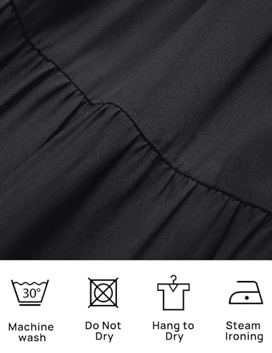 ZESICA Women's 2024 Summer Casual Flutter Short Sleeve Crew Neck Smocked Elastic Waist Tiered Midi Dress,AllBlack,Small