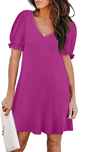Aloodor Womens Casual Dresses V-Neck Short Sleeve Flare Short Swing Dress M
