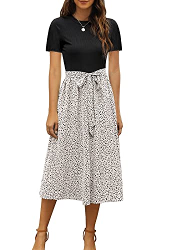 Zattcas Women Summer Short Sleeve Ribbed Midi Dress with Pockets Casual Work Dress Black S