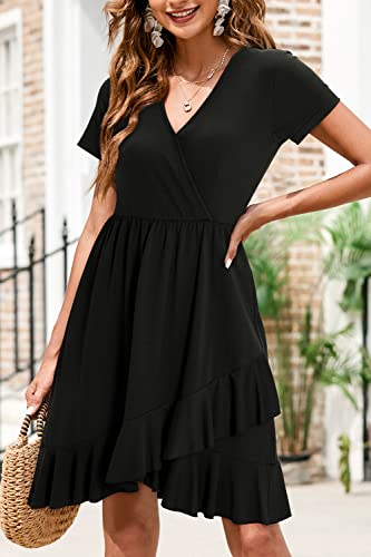 ULTRANICE Black Summer Dress Women Spring 2024 Casual Short Sleeve V Neck Flowy Wrap Dresses Vacation Outfits Clothes Easter Party Wedding Guest Graduation Semi Formal Midi Sundress(Black,L)