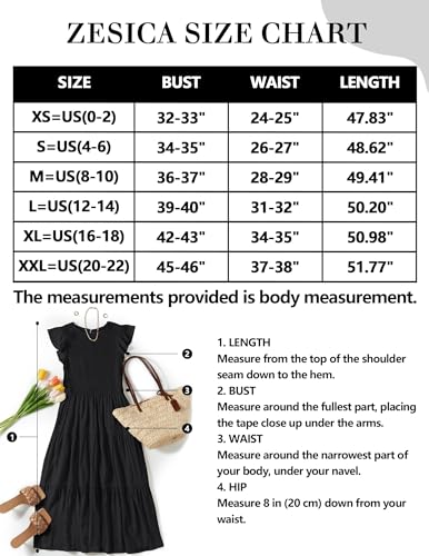 ZESICA Women's 2024 Summer Casual Flutter Short Sleeve Crew Neck Smocked Elastic Waist Tiered Midi Dress,AllBlack,Small