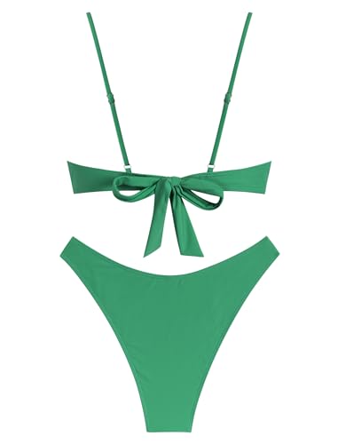 ZAFUL Women High Cut Bikini Sets Thong String Sexy Swimsuit Two Piece Push Up Underwire Bathing Suit Teen Girl Brazilian Cheeky Cut Out Lace Up Retro Cute Swimwear Green S