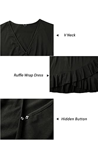 ULTRANICE Black Summer Dress Women Spring 2024 Casual Short Sleeve V Neck Flowy Wrap Dresses Vacation Outfits Clothes Easter Party Wedding Guest Graduation Semi Formal Midi Sundress(Black,L)