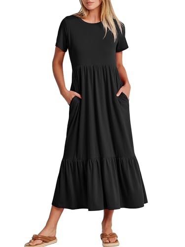ANRABESS Women Summer Casual Short Sleeve Crewneck Aline Swing Flowy Tiered Shirt Maxi Beach Long Dress 2024 Trendy Outfits Black X-Large
