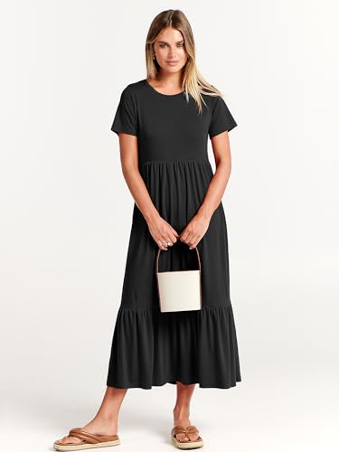 ANRABESS Women Summer Casual Short Sleeve Crewneck Aline Swing Flowy Tiered Shirt Maxi Beach Long Dress 2024 Trendy Outfits Black X-Large