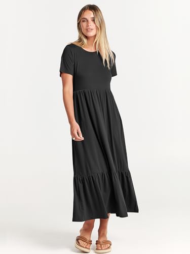 ANRABESS Women Summer Casual Short Sleeve Crewneck Aline Swing Flowy Tiered Shirt Maxi Beach Long Dress 2024 Trendy Outfits Black X-Large