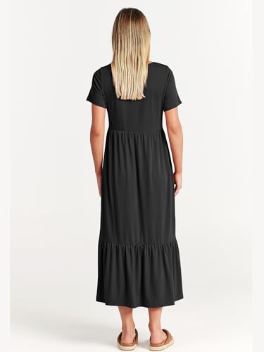 ANRABESS Women Summer Casual Short Sleeve Crewneck Aline Swing Flowy Tiered Shirt Maxi Beach Long Dress 2024 Trendy Outfits Black X-Large