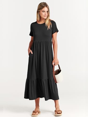 ANRABESS Women Summer Casual Short Sleeve Crewneck Aline Swing Flowy Tiered Shirt Maxi Beach Long Dress 2024 Trendy Outfits Black X-Large
