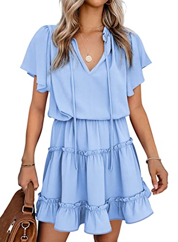 Dokotoo Women Dresses Cute Spring Boho Summer Casual Sexy Deep V Neck Ruffle Chiffon Lantern Short Sleeve Elegant Hawaiian Flowy Pleated Mini Short Dresses for Women 2024 Blue US16 18