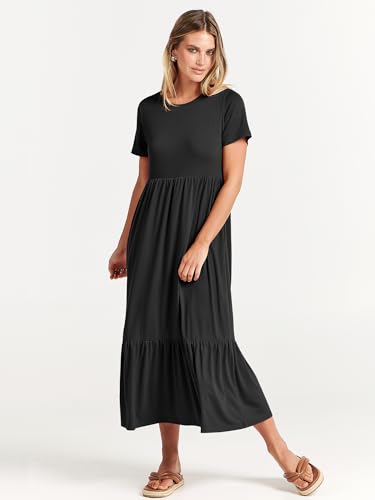 ANRABESS Women Summer Casual Short Sleeve Crewneck Aline Swing Flowy Tiered Shirt Maxi Beach Long Dress 2024 Trendy Outfits Black X-Large