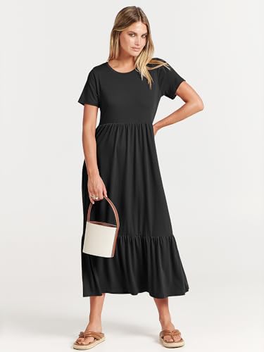 ANRABESS Women Summer Casual Short Sleeve Crewneck Aline Swing Flowy Tiered Shirt Maxi Beach Long Dress 2024 Trendy Outfits Black X-Large