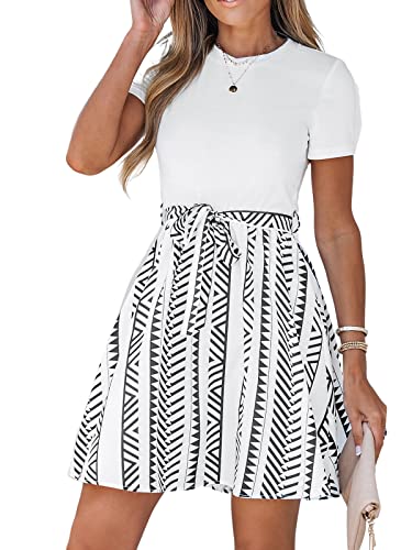 CUPSHE Women‘s Short Sleeve Dress Crew Neck Belted Stripe A Line Mini Summer Dresses, White XL
