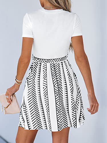 CUPSHE Women‘s Short Sleeve Dress Crew Neck Belted Stripe A Line Mini Summer Dresses, White XL