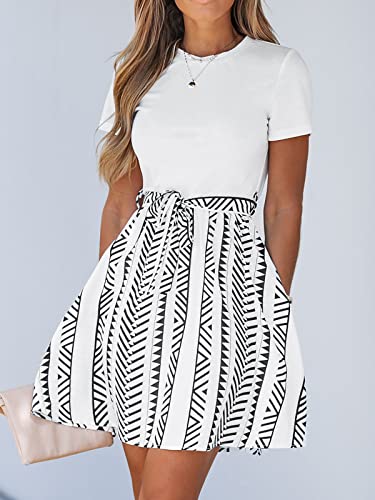 CUPSHE Women‘s Short Sleeve Dress Crew Neck Belted Stripe A Line Mini Summer Dresses, White XL