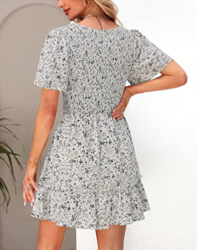 Ellakoko Mini Dresses for Women Summer Casual Floral A Line Smocked V Neck Empire Waist Ruffle Tiered Babydoll Beach Short Sleeve Dress White Green M