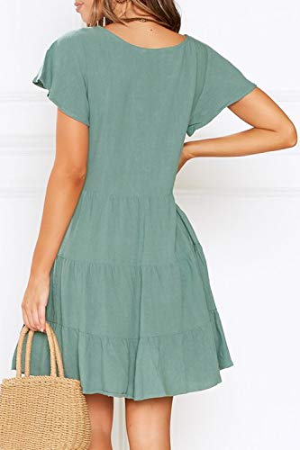 MITILLY Women's Summer Short Sleeve V Neck Button Down Casual Tunic Dress with Pockets Medium Sage