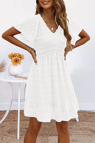 TECREW Womens Smocked Short Sleeve V Neck Mini Dress Summer Swiss Dot Flowy Short Dress, White, XX-Large