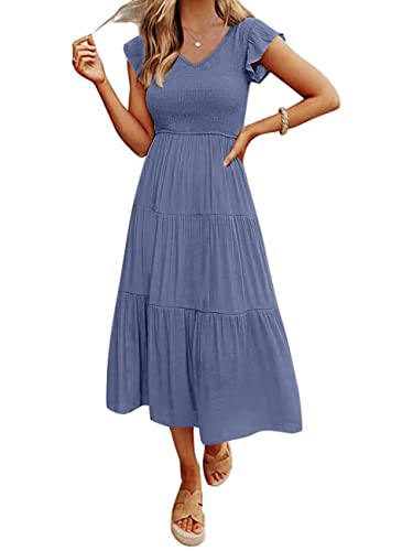 MEROKEETY Women's Flutter Short Sleeve Smocked Midi Dress Summer Casual Tiered A, Line Dress, Dustyblue, M