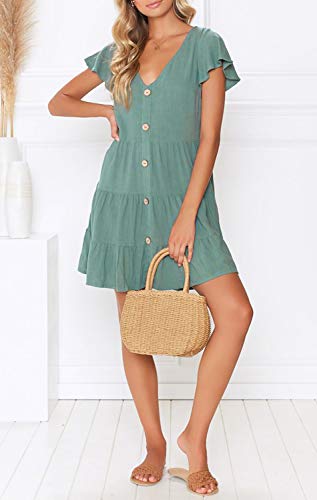 MITILLY Women's Summer Short Sleeve V Neck Button Down Casual Tunic Dress with Pockets Medium Sage