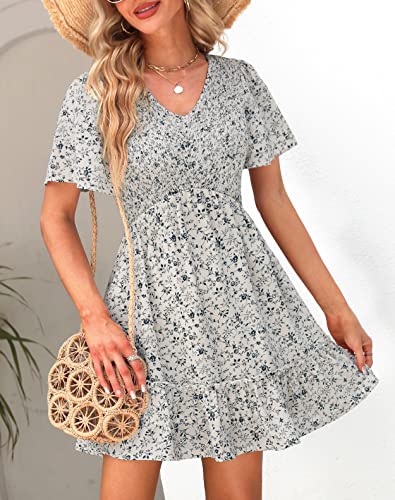 Ellakoko Mini Dresses for Women Summer Casual Floral A Line Smocked V Neck Empire Waist Ruffle Tiered Babydoll Beach Short Sleeve Dress White Green M