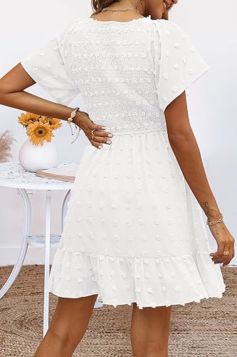 TECREW Womens Smocked Short Sleeve V Neck Mini Dress Summer Swiss Dot Flowy Short Dress, White, XX-Large