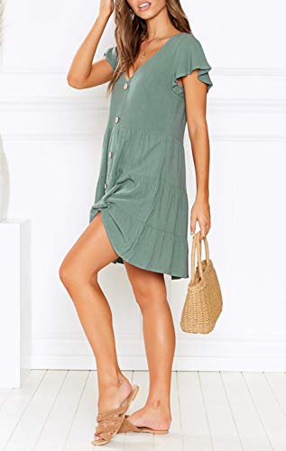 MITILLY Women's Summer Short Sleeve V Neck Button Down Casual Tunic Dress with Pockets Medium Sage