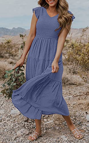 MEROKEETY Women's Flutter Short Sleeve Smocked Midi Dress Summer Casual Tiered A, Line Dress, Dustyblue, M
