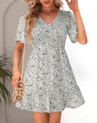 Ellakoko Mini Dresses for Women Summer Casual Floral A Line Smocked V Neck Empire Waist Ruffle Tiered Babydoll Beach Short Sleeve Dress White Green M