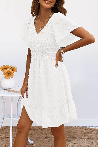 TECREW Womens Smocked Short Sleeve V Neck Mini Dress Summer Swiss Dot Flowy Short Dress, White, XX-Large