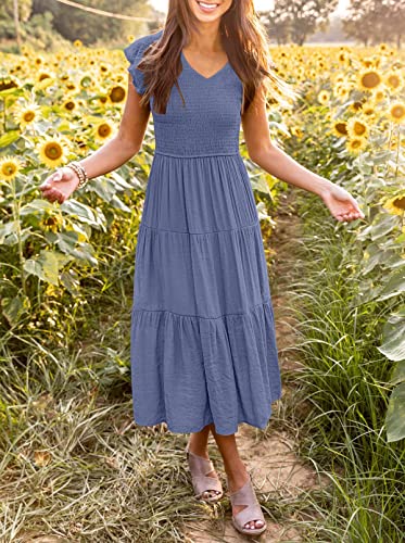 MEROKEETY Women's Flutter Short Sleeve Smocked Midi Dress Summer Casual Tiered A, Line Dress, Dustyblue, M