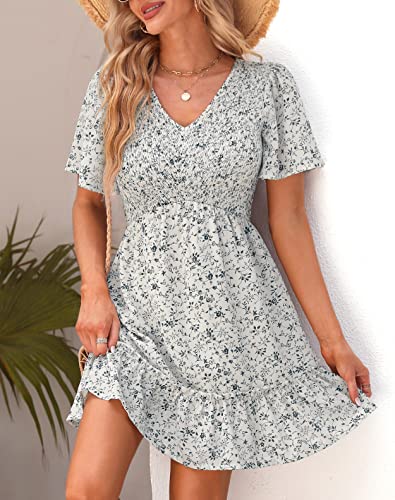 Ellakoko Mini Dresses for Women Summer Casual Floral A Line Smocked V Neck Empire Waist Ruffle Tiered Babydoll Beach Short Sleeve Dress White Green M