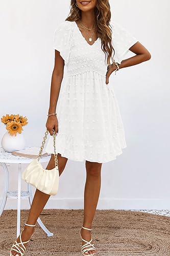 TECREW Womens Smocked Short Sleeve V Neck Mini Dress Summer Swiss Dot Flowy Short Dress, White, XX-Large