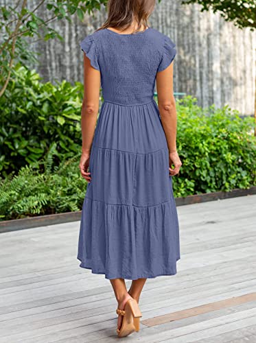 MEROKEETY Women's Flutter Short Sleeve Smocked Midi Dress Summer Casual Tiered A, Line Dress, Dustyblue, M