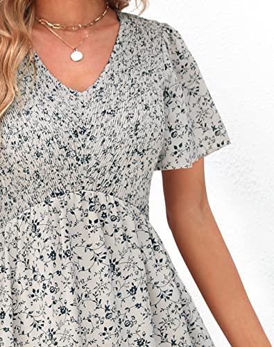 Ellakoko Mini Dresses for Women Summer Casual Floral A Line Smocked V Neck Empire Waist Ruffle Tiered Babydoll Beach Short Sleeve Dress White Green M