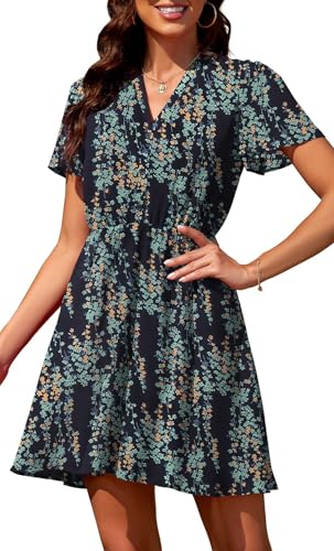Actcat Women's Chiffon Summer Dress Short Sleeves Floral Button Down Dress (Small)