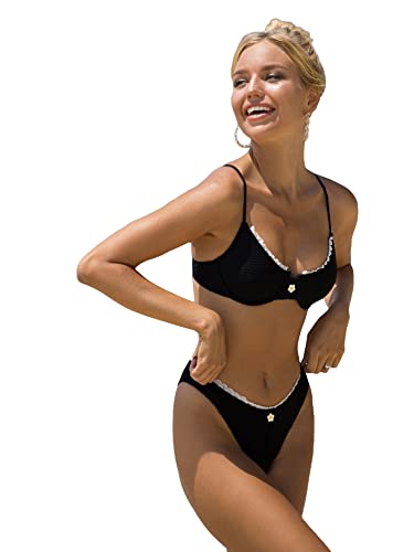 SOLY HUX Women's Bikini Sets High Waisted Bathing Suits Two Piece Swimsuits Sexy Lace Trim Underwire Swimwear Black Lace S