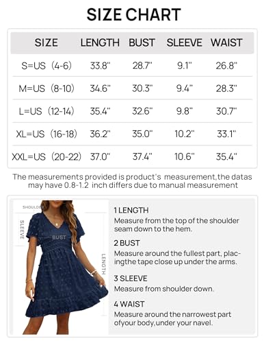 TECREW Womens Smocked Short Sleeve V Neck Mini Dress Summer Swiss Dot Flowy Short Dress, White, XX-Large